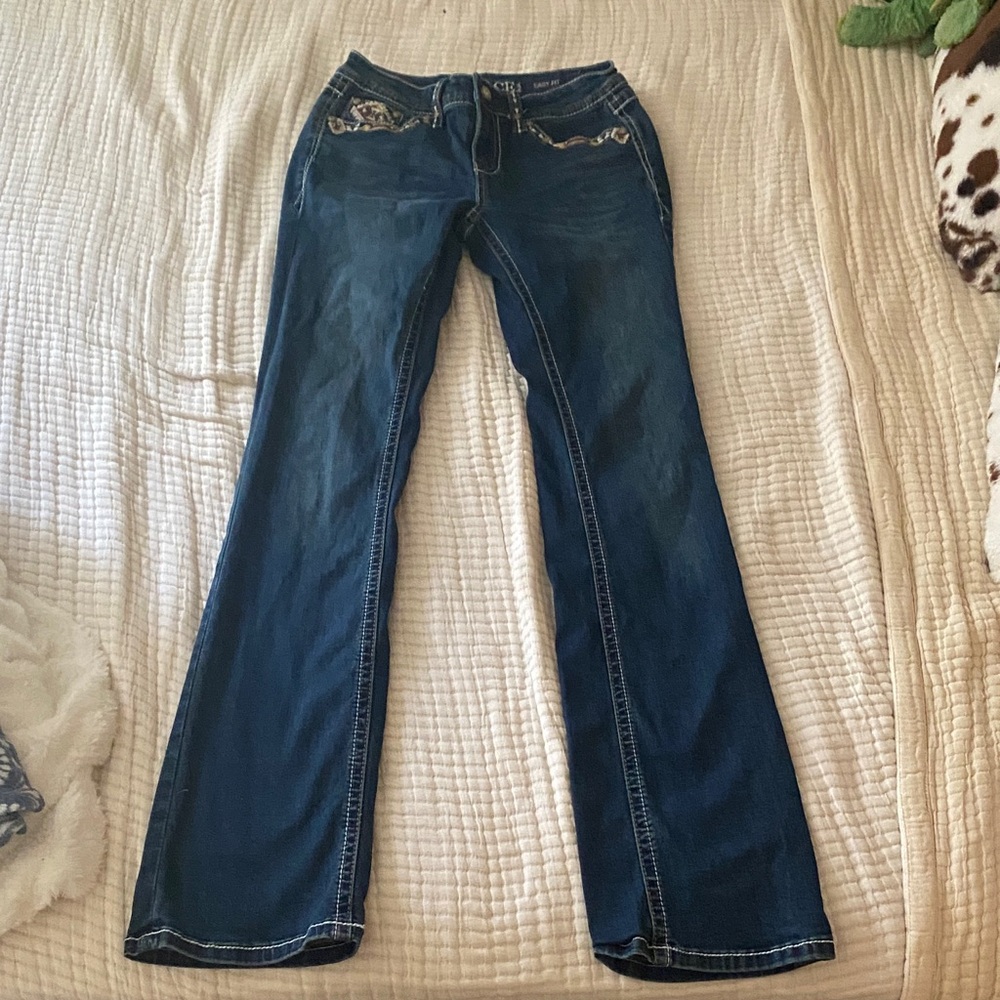 Grace in LA Dark Blue Flare Jeans with Embroidery